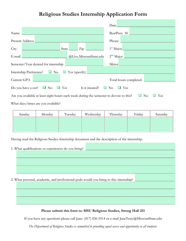 Religious Studies Internship Application Form screenshot