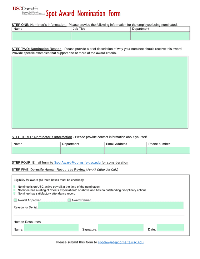 Spot Award Nomination Form screenshot