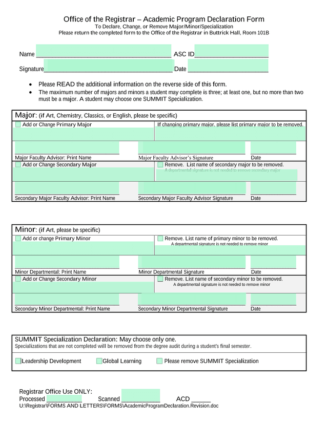 Academic Program Declaration Form screenshot
