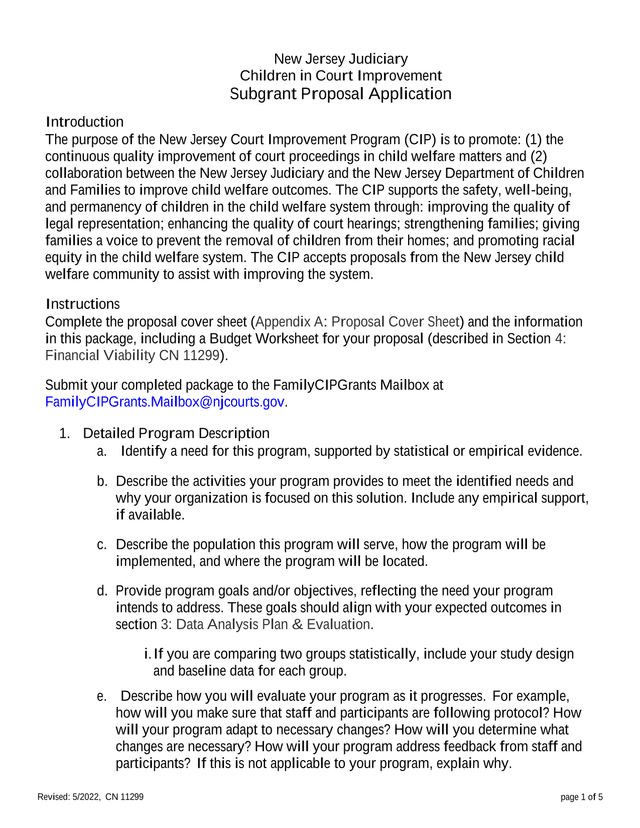 Children In Court Improvement Subgrant Proposal Application screenshot