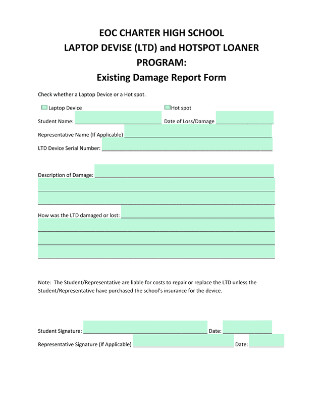Laptop Devise (LTD) And Hotspot Loaner Program Existing Damage Report Form screenshot