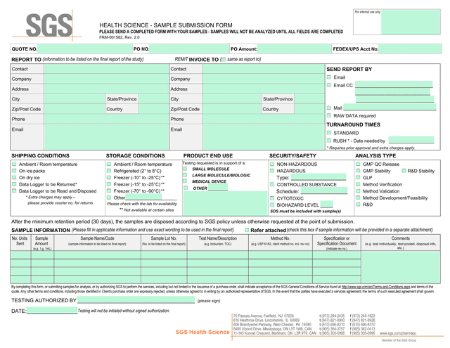 HEALTH SCIENCE   SAMPLE SUBMISSION FORM screenshot
