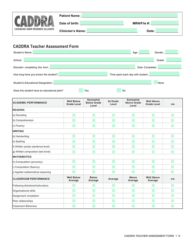 CADDRA Teacher Assessment Form screenshot