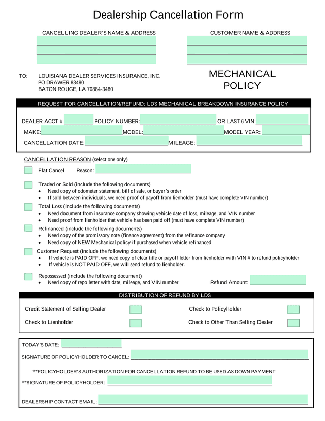 Dealership Cancellation Form screenshot