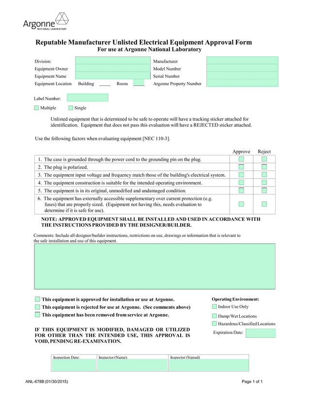 Reputable Manufacturer Unlisted Electrical Equipment Approval Form screenshot