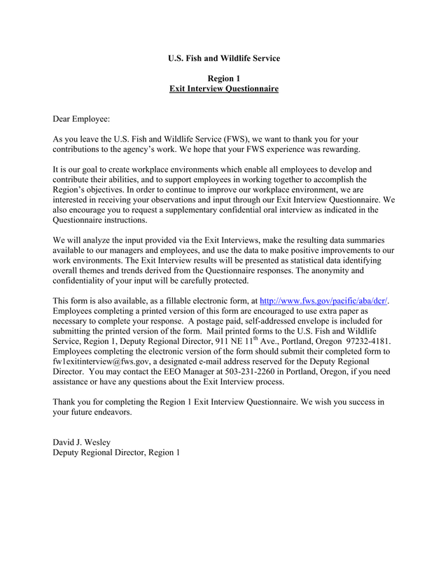 U.S. Fish And Wildlife Service Region 1 Exit Interview Questionnaire screenshot