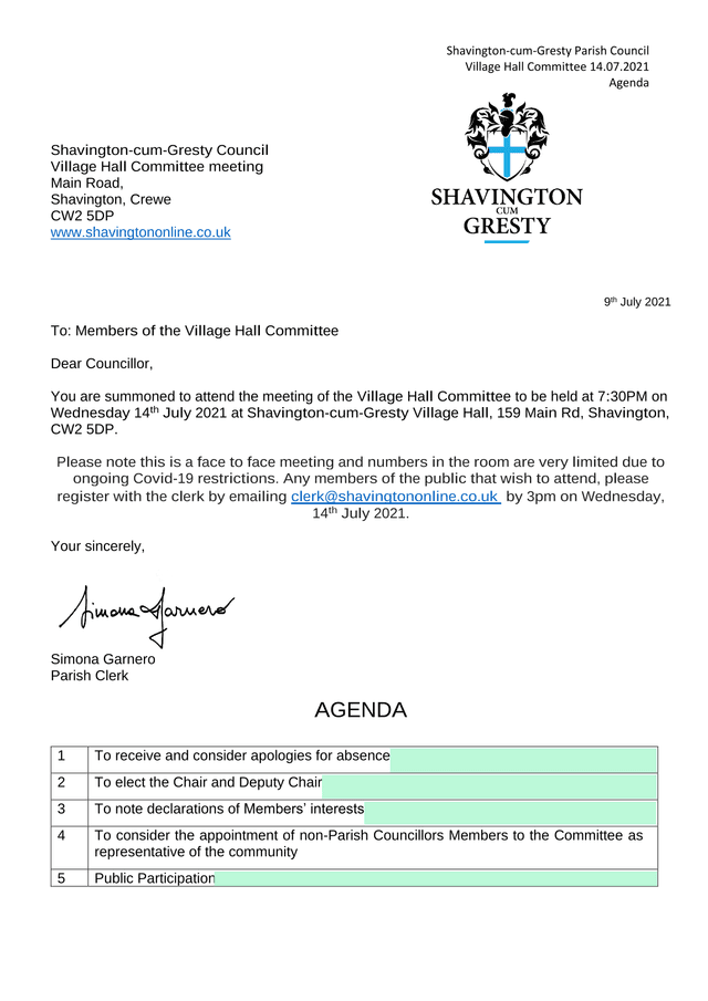 Shavington Cum Gresty Parish Council Village Hall Committee Agenda screenshot