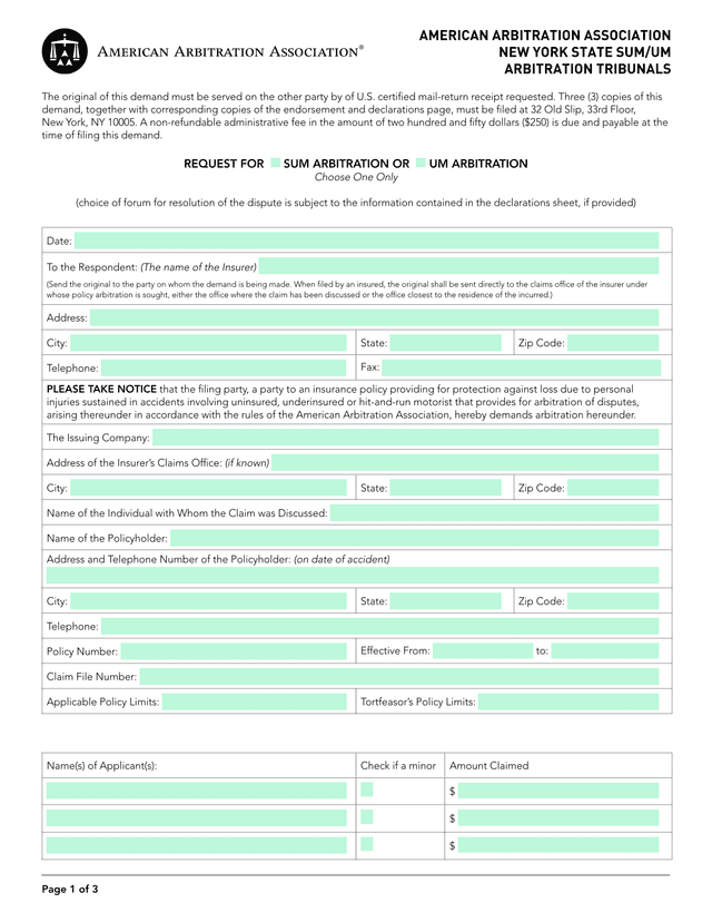 American Arbitration Association SumUM Arbitration Request screenshot