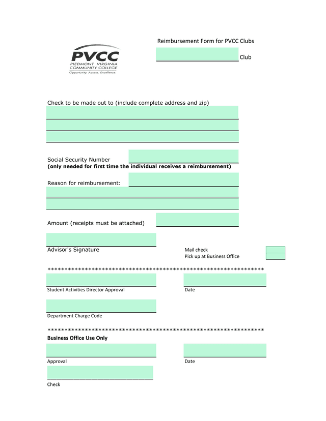 Reimbursement Form For PVCC Clubs screenshot
