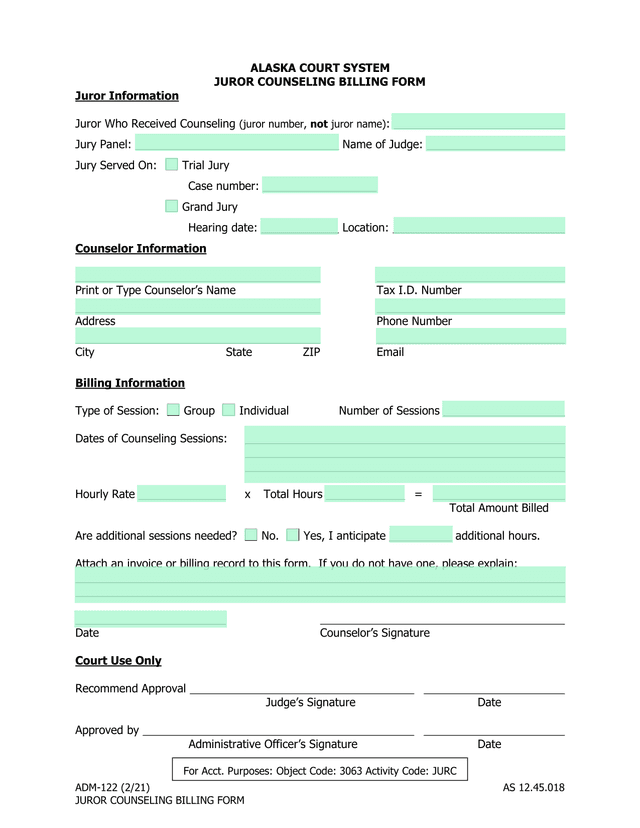 ADM 122 Juror Counseling Billing Form screenshot