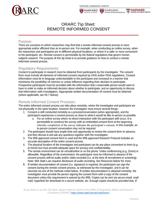 ORARC Tip Sheet REMOTE INFORMED CONSENT screenshot