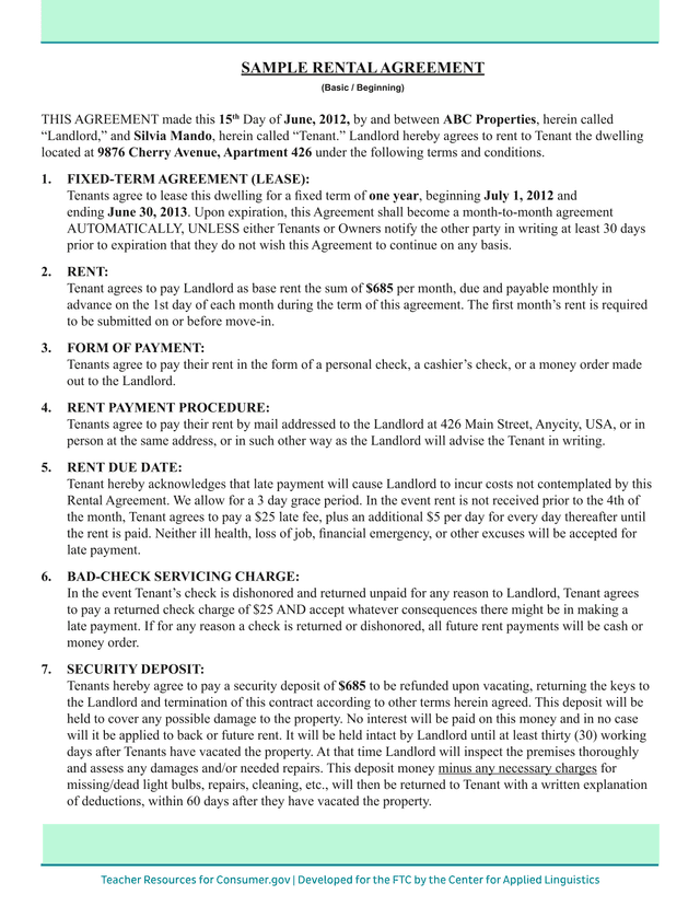 Sample Rental Agreement screenshot