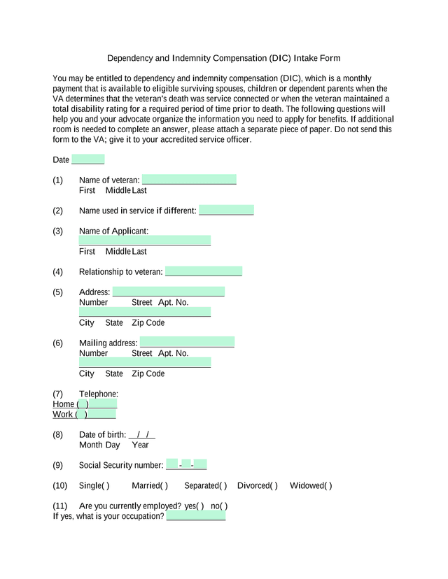 Dependency And Indemnity Compensation (DIC) Intake Form screenshot