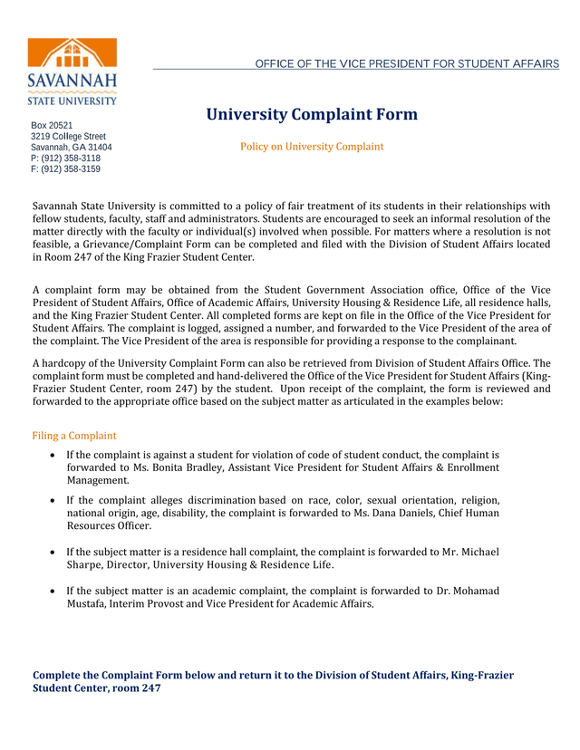 University Complaint Form screenshot