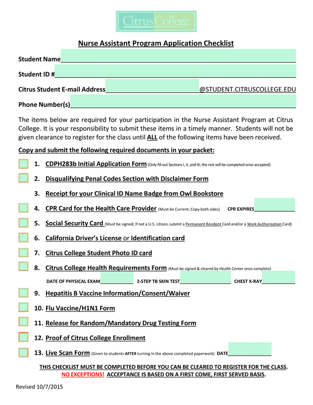 Nurse Assistant Program Application Checklist screenshot