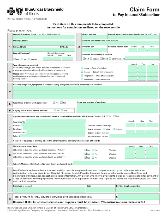 Claim Form To Pay InsuredSubscriber screenshot