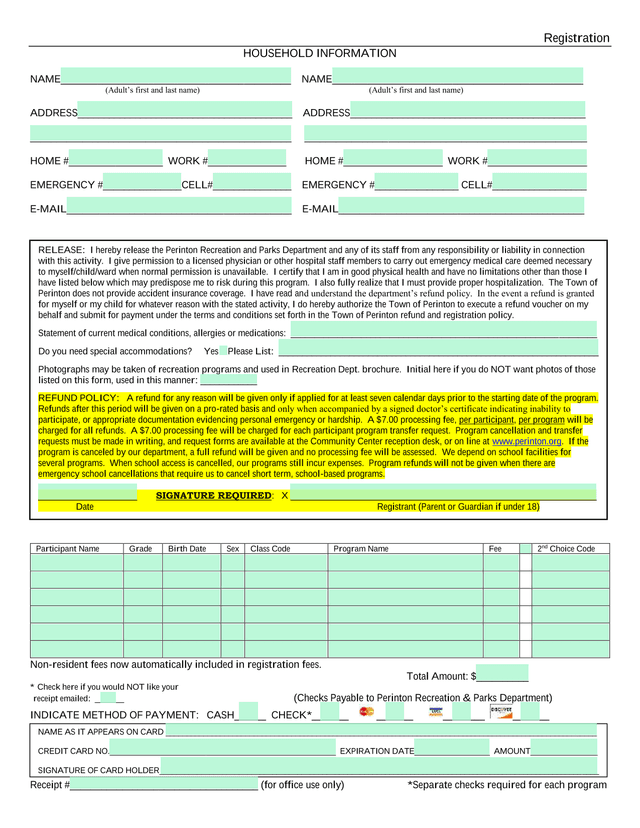 Recreation Program Registration Form screenshot