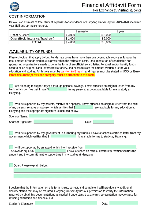 Financial Affidavit Form screenshot