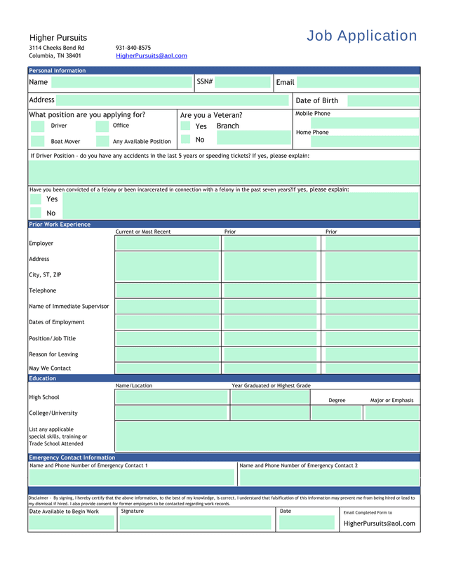 Higher Pursuits Job Application screenshot