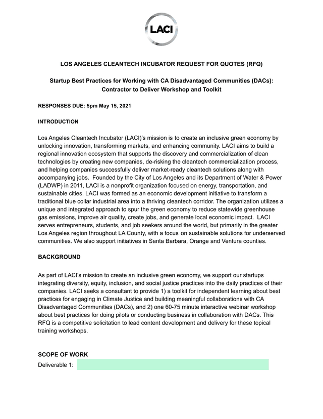 Los Angeles Cleantech Incubator Request For Quotes (RFQ) screenshot