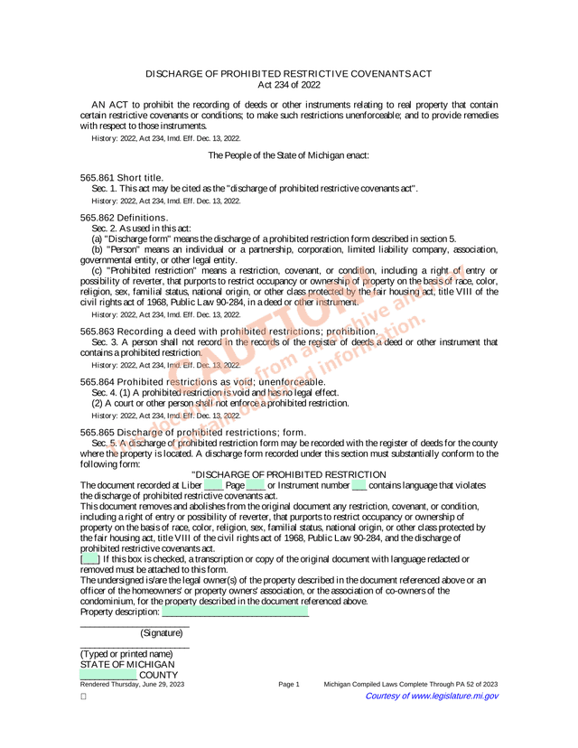 Discharge Of Prohibited Restrictive Covenants Act screenshot