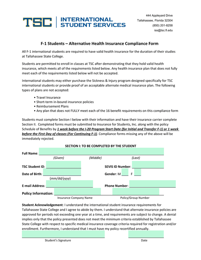 F 1 Students  Alternative Health Insurance Compliance Form screenshot