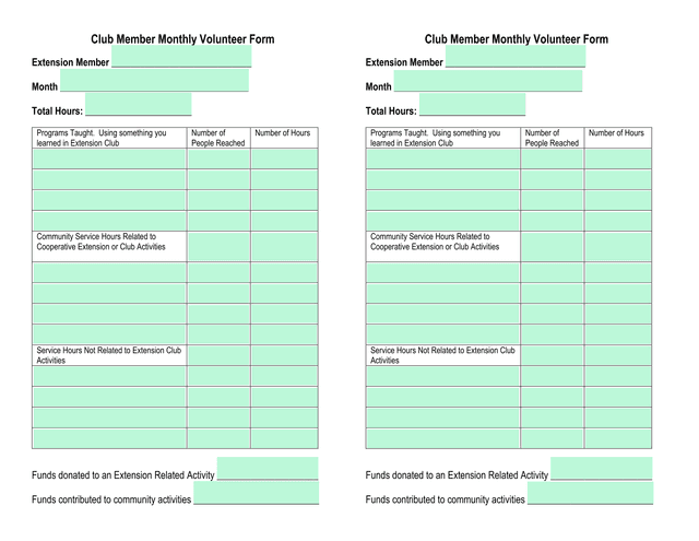 Club Member Monthly Volunteer Form screenshot