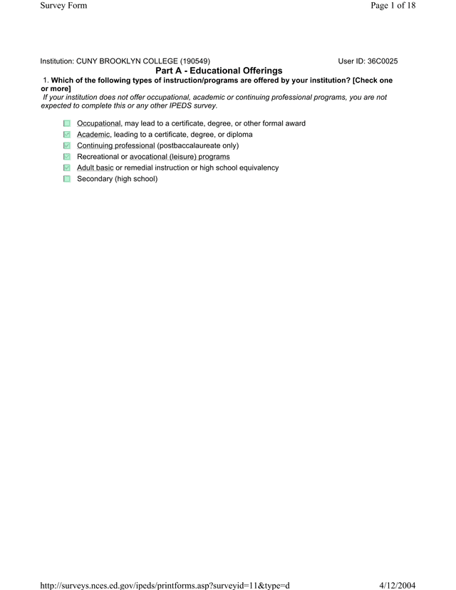 IPEDS Survey Form screenshot