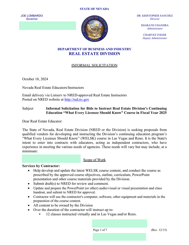 Informal Solicitation For Real Estate Continuing Education Instructors screenshot