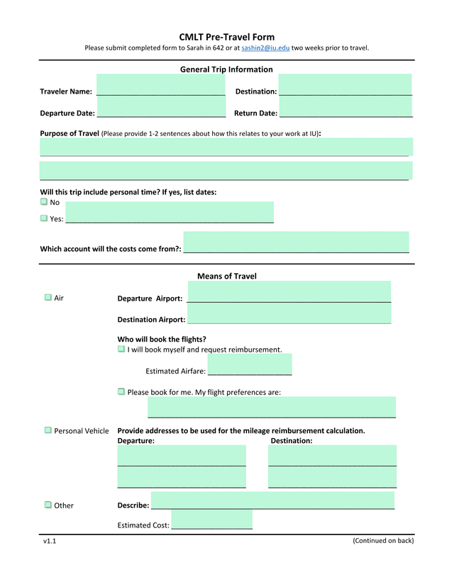 CMLT Pre Travel Form screenshot