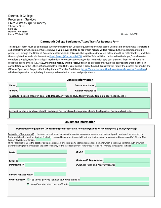 Dartmouth College EquipmentAsset Transfer Request Form screenshot