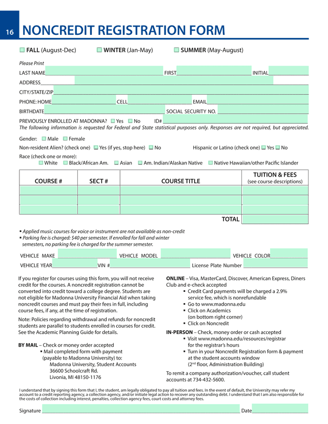 NONCREDIT REGISTRATION FORM screenshot