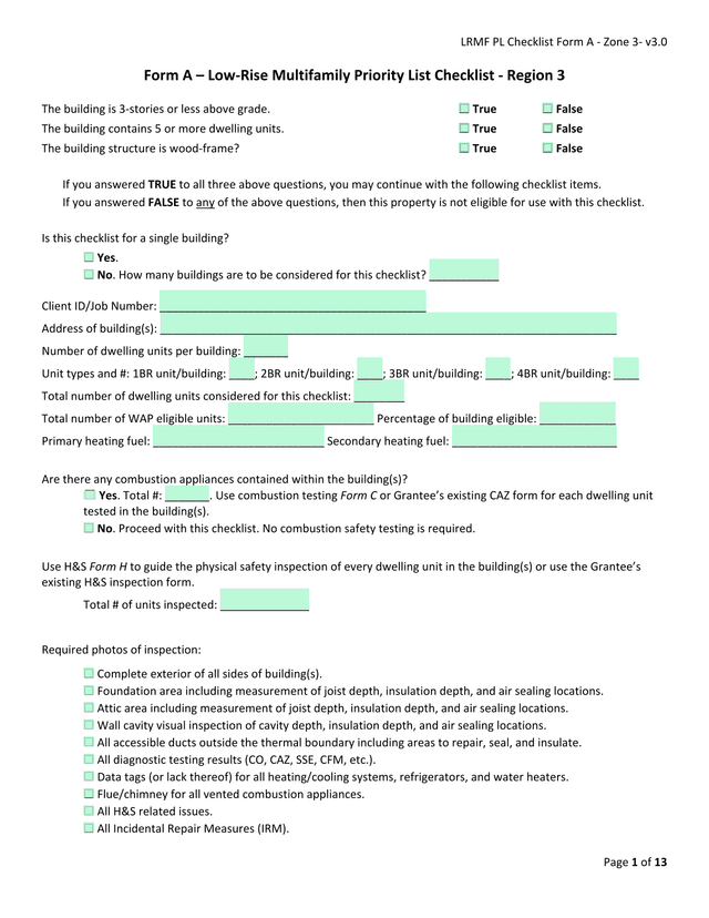 LRMF PL Checklist Form A   Zone 3  V3.0 screenshot