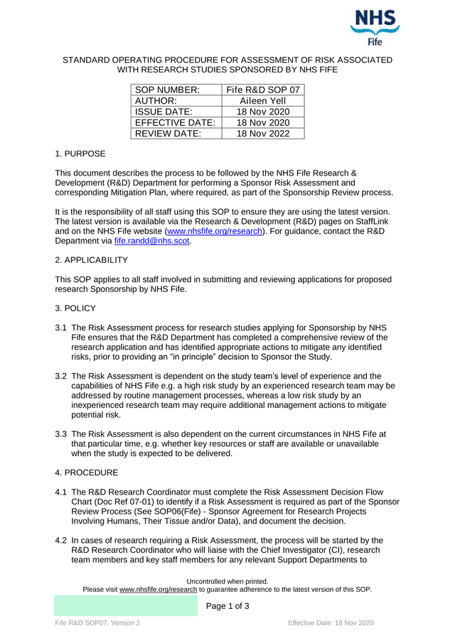 Fife RD SOP07, Version 2 Standard Operating Procedure For Assessment Of Risk Associated With Researc screenshot