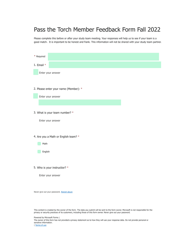 Pass The Torch Member Feedback Form Fall 2022 screenshot