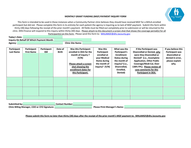 Monthly Grant Funding (MGF) Payment Inquiry Form screenshot