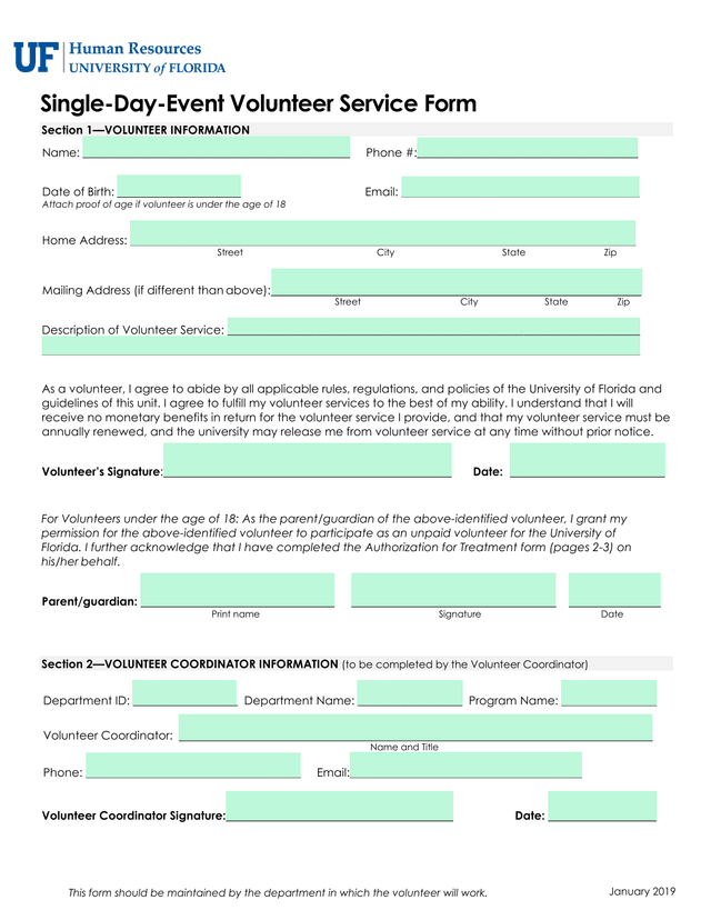 Single Day Event Volunteer Service Form screenshot