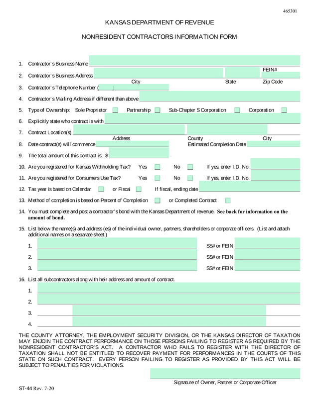 Nonresident Contractors Information Form screenshot
