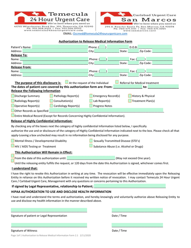 Authorization To Release Medical Information Form screenshot