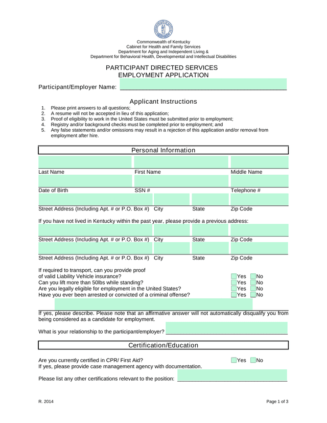 Participant Directed Services Employment Application screenshot