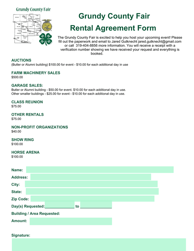 Grundy County Fair Rental Agreement Form screenshot