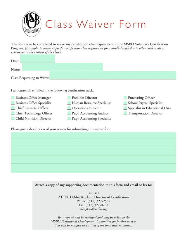 Class Waiver Form screenshot
