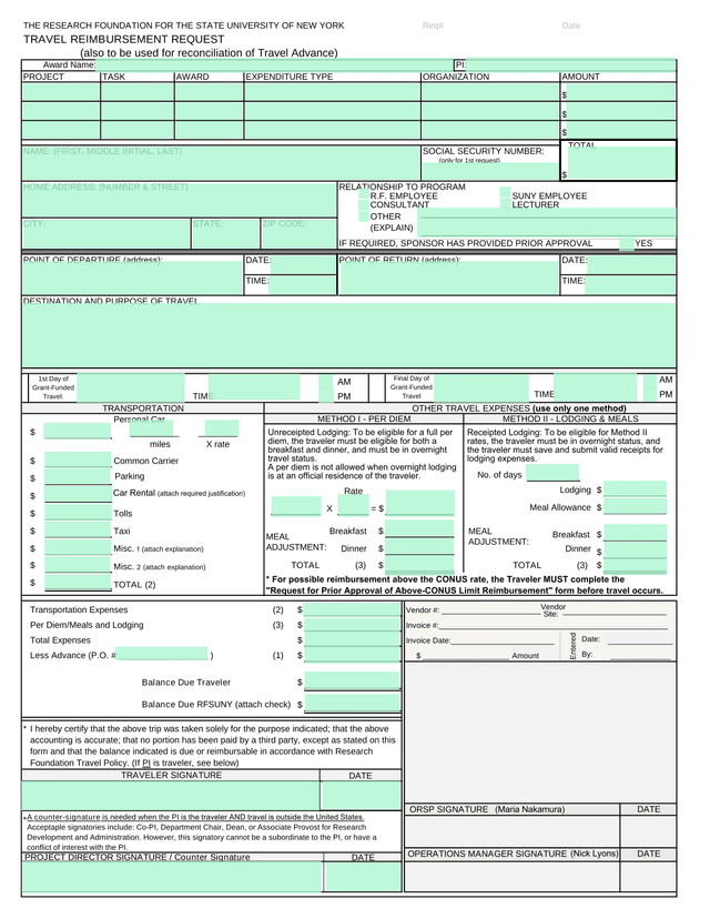Travel Expense Reimbursement Form screenshot
