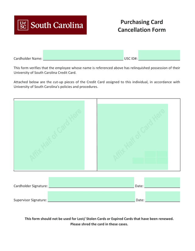 Purchasing Card Cancellation Form screenshot