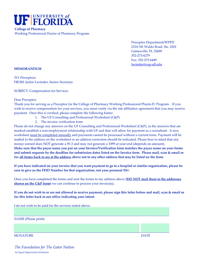 Preceptor Compensation Services Memorandum screenshot