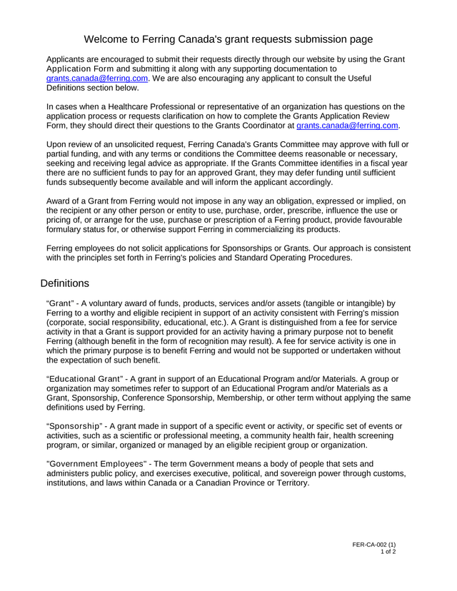 FER CA 002 Grant Requests Submission Page screenshot