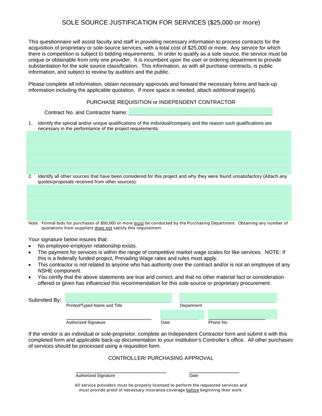 SOLE SOURCE JUSTIFICATION FOR SERVICES (25,000 Or More) screenshot