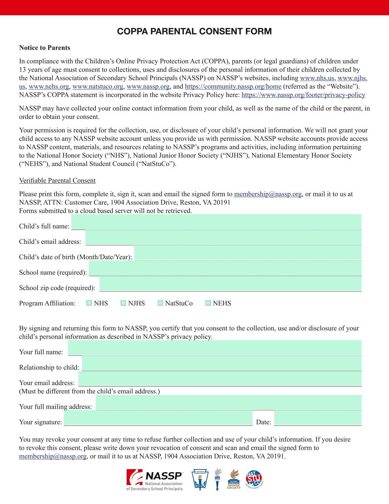 COPPA Parental Consent Form screenshot