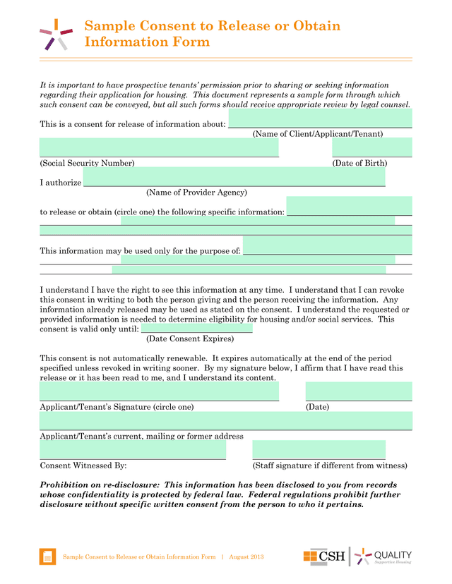 Sample Consent To Release Or Obtain Information Form screenshot
