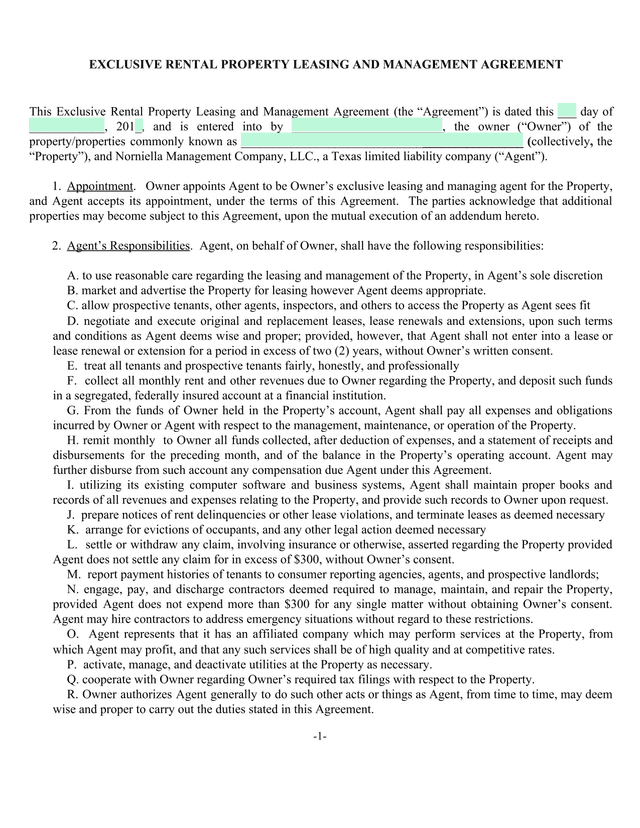 Exclusive Rental Property Leasing And Management Agreement screenshot